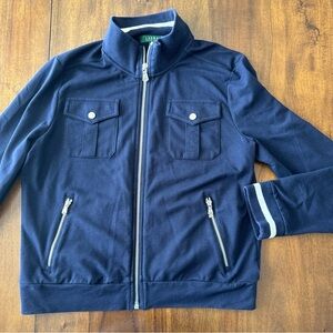 Lauren Ralph Lauren Navy White Full Zip Mock Neck Sweater Cotton Stretch L